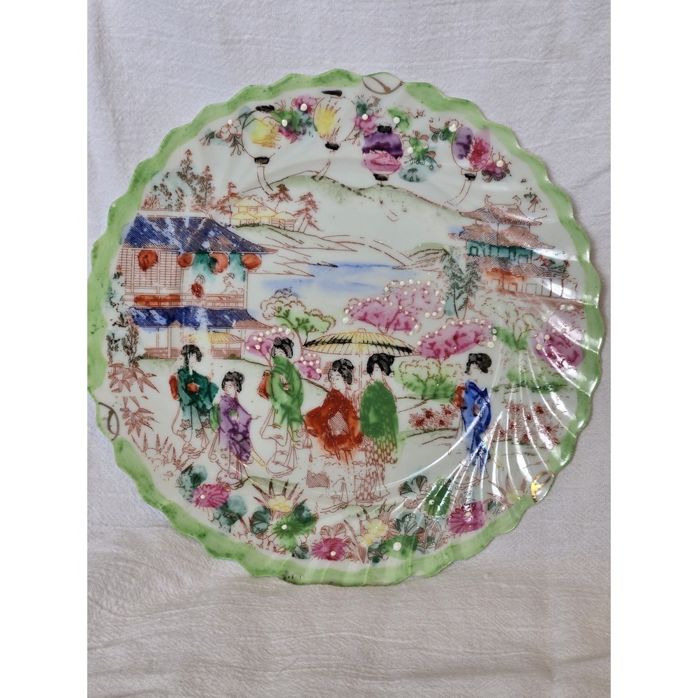 Vintage Hand Painted Japan Scenic Geisha Cabinet Plate Green Scalloped 7.5"